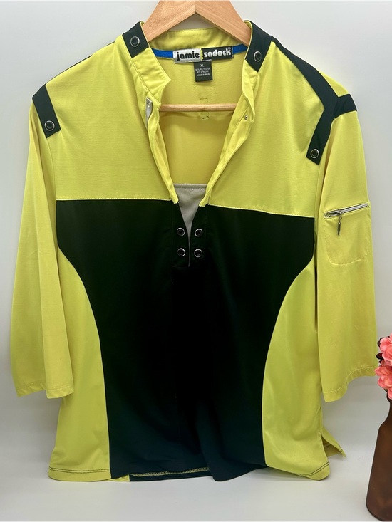 jamie sadock Tops - Jamie Sadock Women's XL Yellow/Black Mock Neck 3/4 Zip & Sleeve Zip Pocket Top